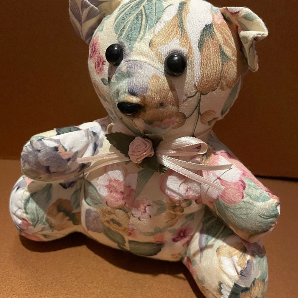 Handmade Teddy Bear in Floral Fabric with Bow, perfect for Easter Basket! 🧸